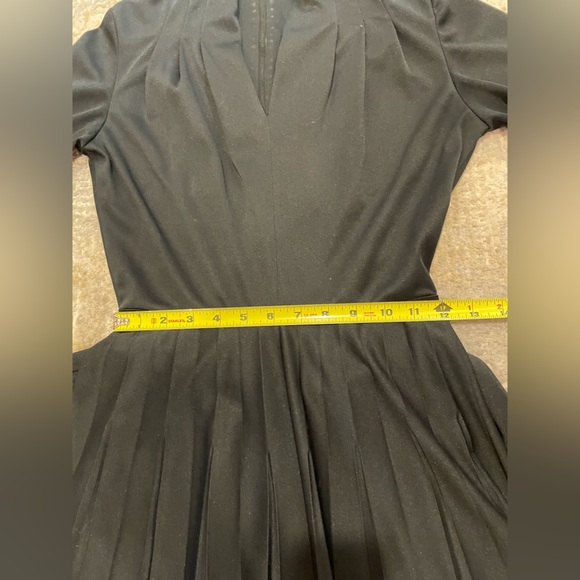 Vintage Sears Black Pleated Skirt Dress With High Pleated V- Neckline Belted - Picture 8 of 11